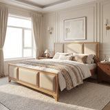 King Size Wood Platform Bed with Upholstered Beige Headboard & Footboard, Modern Farmhouse Bed Frame