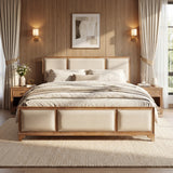 King Size Wood Platform Bed with Upholstered Beige Headboard & Footboard, Modern Farmhouse Bed Frame