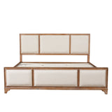 King Size Wood Platform Bed with Upholstered Beige Headboard & Footboard, Modern Farmhouse Bed Frame
