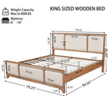 King Size Wood Platform Bed with Upholstered Beige Headboard & Footboard, Modern Farmhouse Bed Frame