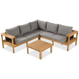 4pcs Outdoor L-Shaped Sofa Set, Acacia Wood Patio Conversation Set, Woven Rope Armrests with Coffee Table
