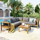 4pcs Outdoor L-Shaped Sofa Set, Acacia Wood Patio Conversation Set, Woven Rope Armrests with Coffee Table