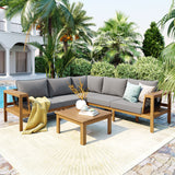 4pcs Outdoor L-Shaped Sofa Set, Acacia Wood Patio Conversation Set, Woven Rope Armrests with Coffee Table