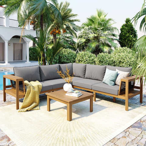4pcs Outdoor L-Shaped Sofa Set, Acacia Wood Patio Conversation Set, Woven Rope Armrests with Coffee Table