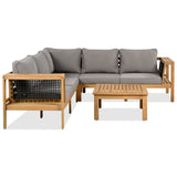 4pcs Outdoor L-Shaped Sofa Set, Acacia Wood Patio Conversation Set, Woven Rope Armrests with Coffee Table