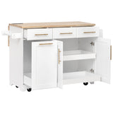 Kitchen Island with Rubberwood Drop Leaf, Rolling Kitchen Cart with Trash Can Cabinet, Pull Out Cabinet Organizers & Power Outlet