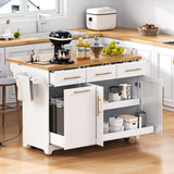 Kitchen Island with Rubberwood Drop Leaf, Rolling Kitchen Cart with Trash Can Cabinet, Pull Out Cabinet Organizers & Power Outlet