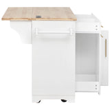 Kitchen Island with Rubberwood Drop Leaf, Rolling Kitchen Cart with Trash Can Cabinet, Pull Out Cabinet Organizers & Power Outlet