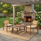 Set of 2 Outdoor Acacia Wood Dining Chairs with Rattan Back & Cushions, Weather-Resistant Patio Chairs, Teak+Beige