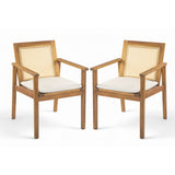 Set of 2 Outdoor Acacia Wood Dining Chairs with Rattan Back & Cushions, Weather-Resistant Patio Chairs, Teak+Beige