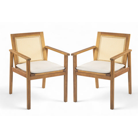 Set of 2 Outdoor Acacia Wood Dining Chairs with Rattan Back & Cushions, Weather-Resistant Patio Chairs, Teak+Beige