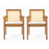 Set of 2 Outdoor Acacia Wood Dining Chairs with Rattan Back & Cushions, Weather-Resistant Patio Chairs, Teak+Beige