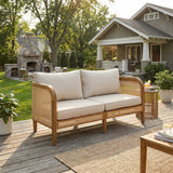 Outdoor Acacia Wood Loveseat, PE Rattan Woven Patio Sofa with Cushions, Weather-Resistant for Garden/Patio, Teak+Beige