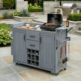 60.2"W Outdoor Kitchen Island with Stainless Steel Top, Rolling Patio Kitchen Cart with 2 Drawers, Spice Rack & Wine Rack