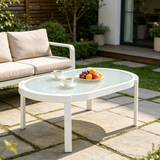Modern Outdoor Oval Coffee Table, Aluminum Frame with Tempered Glass Top, Weather-Resistant Patio Center Table