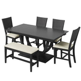 6pcs Dining Table Set Dining Set for 6, Family Kitchen Table Set with Ergonomic Padded Dining Chairs & Bench