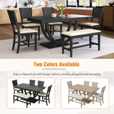6pcs Dining Table Set Dining Set for 6, Family Kitchen Table Set with Ergonomic Padded Dining Chairs & Bench