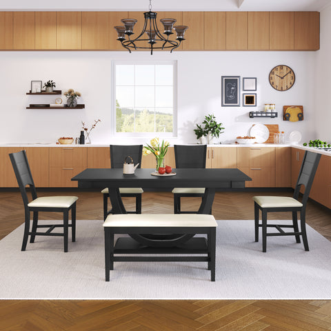 6pcs Dining Table Set Dining Set for 6, Family Kitchen Table Set with Ergonomic Padded Dining Chairs & Bench