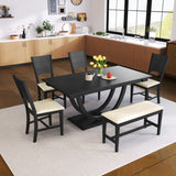 6pcs Dining Table Set Dining Set for 6, Family Kitchen Table Set with Ergonomic Padded Dining Chairs & Bench