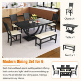 6pcs Dining Table Set Dining Set for 6, Family Kitchen Table Set with Ergonomic Padded Dining Chairs & Bench