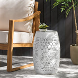 Lace Cut Iron Patio End Table, Barrel Shape Side Table for Indoor, Garden, Backyard, No Assembly Needed