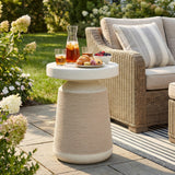 Simulated Rattan&Stone Patio End Table Indoor&Outdoor Side Table, Weather-Resistant Decorative Accent Table Garden Plant Stand