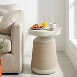 Simulated Rattan&Stone Patio End Table Indoor&Outdoor Side Table, Weather-Resistant Decorative Accent Table Garden Plant Stand