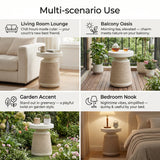 Simulated Rattan&Stone Patio End Table Indoor&Outdoor Side Table, Weather-Resistant Decorative Accent Table Garden Plant Stand