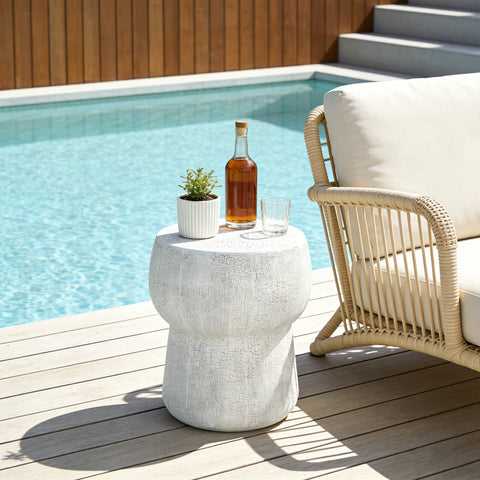 Patio Side Table Outdoor Concrete Accent Table, Double Barrel-Shaped Cracked Texture Patio End Table for Poolside/Garden