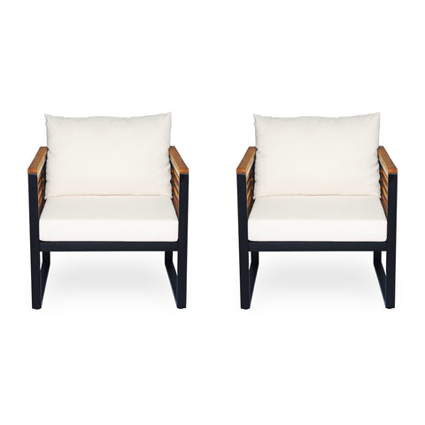 2pcs Outdoor Accent Chair Sofa Chair Acacia Wood & Metal Patio Chairs with Cushions, Industrial Style for Garden/Patio, Black