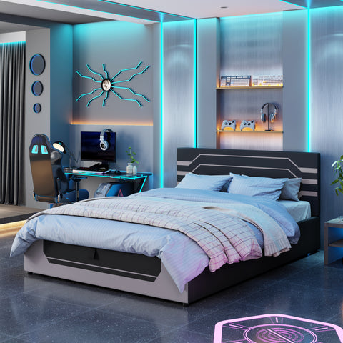 Queen Size Hydraulic Storage Gaming Bed Frame, Cyberpunk Esports Platform Bed for Gamers