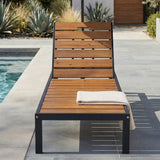 Outdoor Chaise Lounge Chair, 6-Position Adjustable Patio Recliner Daybed Acacia Wood & Iron Frame Pool Lounge