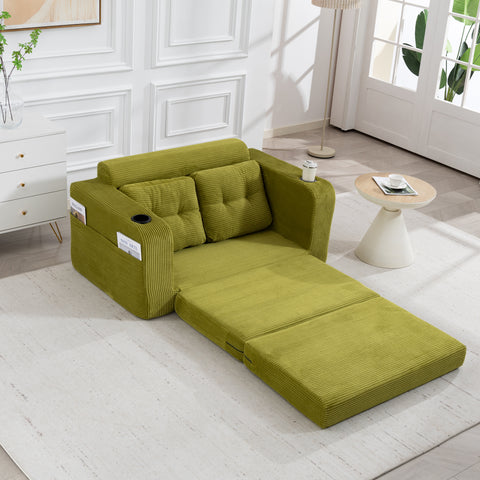 2 in 1 Convertible Sofa Bed, Corduroy Floor Couch with Pillows, Side Pockets & Cup Holders for Living Room, Bedroom
