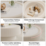 Fluted Round Storage Coffee Table, Tempered Glass Top & Premium Leather Wrapped, Cocktail Table Center Table Sofa Side Table