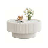 Fluted Round Storage Coffee Table, Tempered Glass Top & Premium Leather Wrapped, Cocktail Table Center Table Sofa Side Table