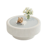 Fluted Round Storage Coffee Table, Tempered Glass Top & Premium Leather Wrapped, Cocktail Table Center Table Sofa Side Table