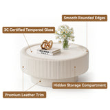 Fluted Round Storage Coffee Table, Tempered Glass Top & Premium Leather Wrapped, Cocktail Table Center Table Sofa Side Table