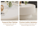 Fluted Round Storage Coffee Table, Tempered Glass Top & Premium Leather Wrapped, Cocktail Table Center Table Sofa Side Table