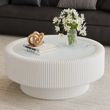 Fluted Round Storage Coffee Table, Tempered Glass Top & Premium Leather Wrapped, Cocktail Table Center Table Sofa Side Table