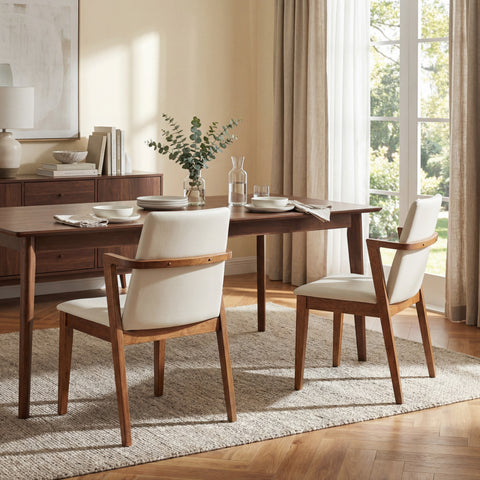 Set of 2 Mid-Century Modern Dining Chairs, PU Upholstered Armchairs with Walnut Rubber Wood Frame for Kitchen
