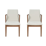 Set of 2 Mid-Century Modern Dining Chairs, PU Upholstered Armchairs with Walnut Rubber Wood Frame for Kitchen