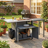 Foldable Outdoor Kitchen Island with Trash Rack, Grill Cart with Open Drawer & Storage Cabinet for Backyard, Patio