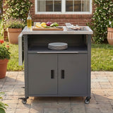 Foldable Outdoor Kitchen Island with Trash Rack, Grill Cart with Open Drawer & Storage Cabinet for Backyard, Patio