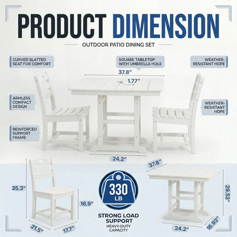 3-Piece Patio Dining Set, HDPE 37.8" Square Table with Built-In Umbrella Hole, 2 Armless Chairs, All-Weather for Porch, Garden