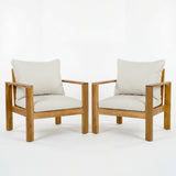2pcs Outdoor Patio Chairs with Water-Repellent Cushions, Modern Sofa Chair Acacia Wood Armchair, Teak+Beige