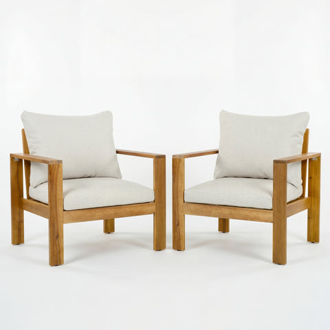 2pcs Outdoor Patio Chairs with Water-Repellent Cushions, Modern Sofa Chair Acacia Wood Armchair, Teak+Beige
