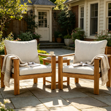 2pcs Outdoor Patio Chairs with Water-Repellent Cushions, Modern Sofa Chair Acacia Wood Armchair, Teak+Beige