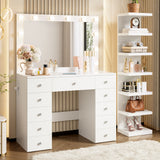 Vanity Desk Dressing Table with Mirror & 11 Drawers, Makeup Vanity with LED Lights, Power Outlet & 7-Tier Side Shelf, White