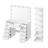 Vanity Desk Dressing Table with Mirror & 11 Drawers, Makeup Vanity with LED Lights, Power Outlet & 7-Tier Side Shelf, White