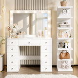 Vanity Desk Dressing Table with Mirror & 11 Drawers, Makeup Vanity with LED Lights, Power Outlet & 7-Tier Side Shelf, White